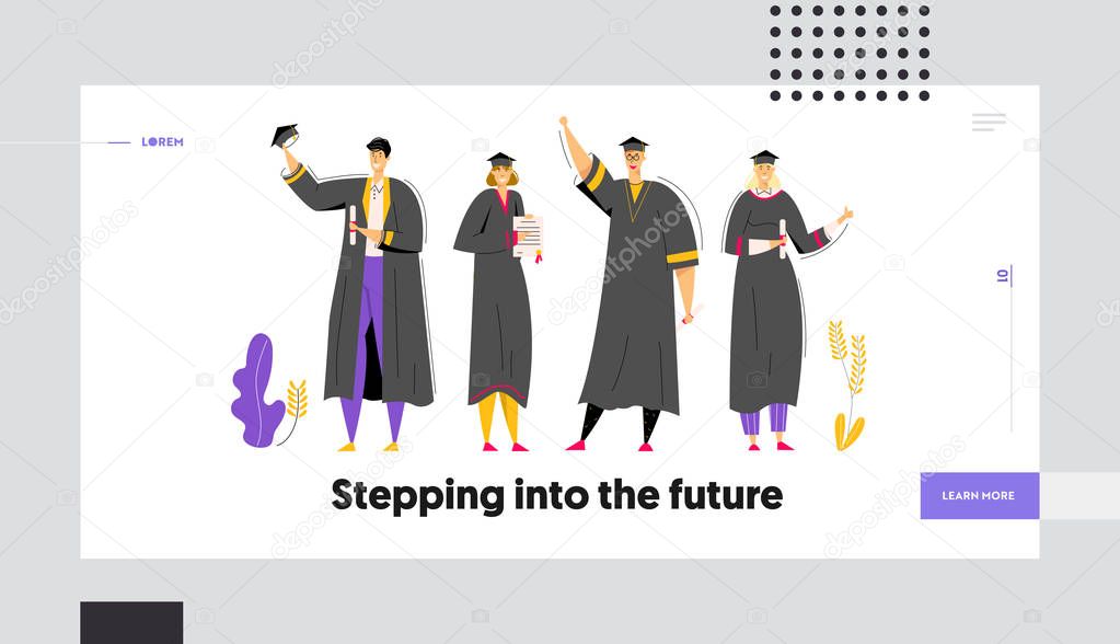 Group of Graduating Students with Diploma Landing Page. Man and Woman Characters Graduation Education Concept. University Student College Graduate Website Banner. Vector flat cartoon illustration