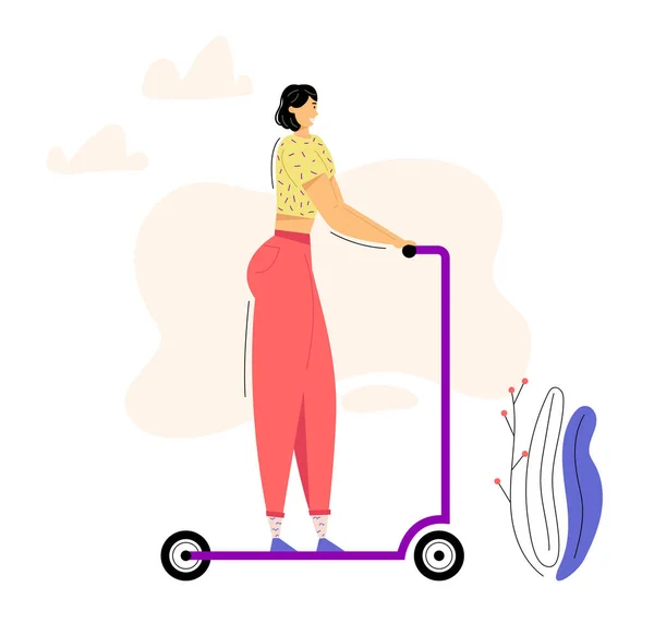 Wanita muda Menunggang Tendangan Scooter. Perempuan Karakter Rides Push Scooter. Happy Girl di Outdoor Activity. Konsep Transportasi Eco Kota. Ilustrasi rata vektor - Stok Vektor