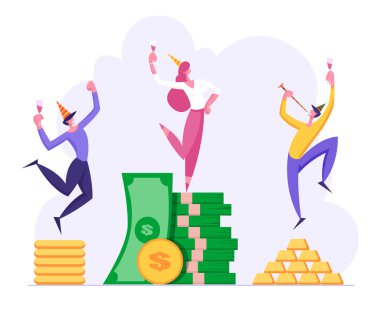 İş Başarı Kavramı. Şampanya Bardağıyla Zaferi Kutlayan Erkek ve Kadın. Hedef Başarı, Finansal Kar, Kariyer Büyüme. Vektör düz karikatür illüstrasyon