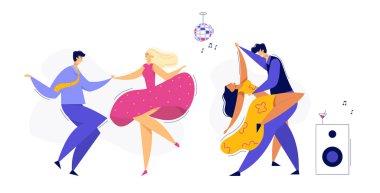 Genç Çift Dans Vuruşu, Tango, Pop. Erkek ve Kadın Dansçı Karakterleri Seti ile Gece Kulübü Disko Partisi. Vektör düz çizgi film illüstrasyonu