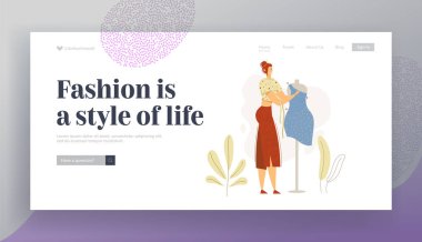 Terzi Karakter Mannequin Açılış Sayfası Afiş çalışma. Kadın Moda Tasarımcısı Iş Başında. Dikiş Ekipmanları Web Sitesi ile Terzi Terzi Atölyesi. Vektör düz karikatür illüstrasyon
