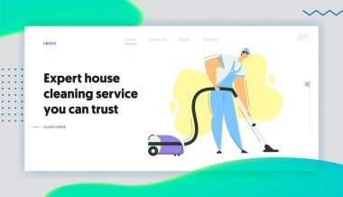 Elektrikli Süpürge Açılış Sayfası Şablonu ile Man Karakter. Ekipmanlı Erkek Personel ile Temizlik Hizmeti. Housekeeper Vakumlama Ev, Hademe İşçi Banner Web. Vektör düz illüstrasyon