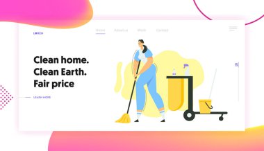 Paspas ve Kova Banner Web siteli Kadın Temizleyici Karakteri. Ekipmanlı Kadın Temizlik Servisi. Ev hanımı Yıkama Evi, Hizmetli İşçi İniş Sayfası. Vektör düz resimleme