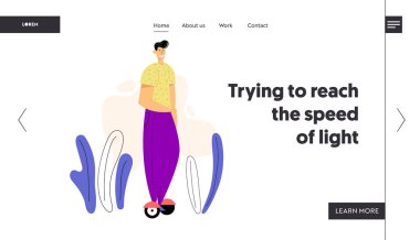 Hoverboard Açılış Sayfasında Erkek Karakter. Gyro Scooter'a binen genç adam. Alternatif Kentsel Ulaşım Konsepti. Kendini Dengeleme Elektrikli Scooter Web Sitesi Banner. Vektör düz illüstrasyon