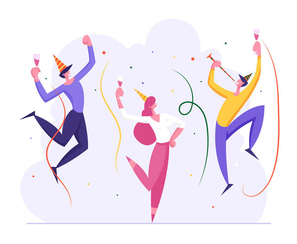 Happy Business People Party Celebration. Cheerful Man and Woman Characters Celebrating New Year, Christmas, Birthday with Confetti and Champagne Glass. Vector flat illustration