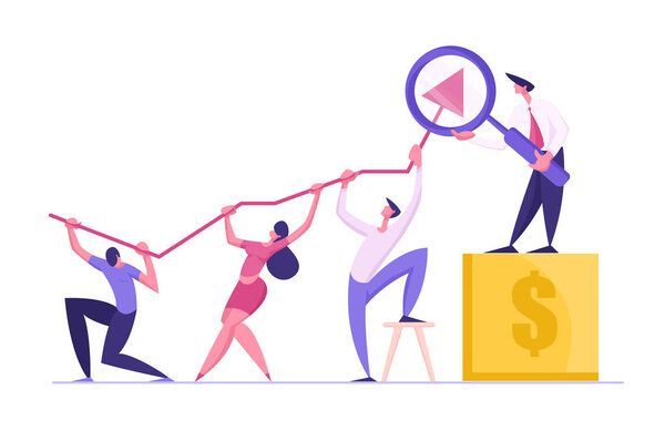 Business Team Concept. Businessmen Holding Financial Arrow Graph. Data Analysis, Goal Achievement, Investment Management. Vector flat cartoon illustration