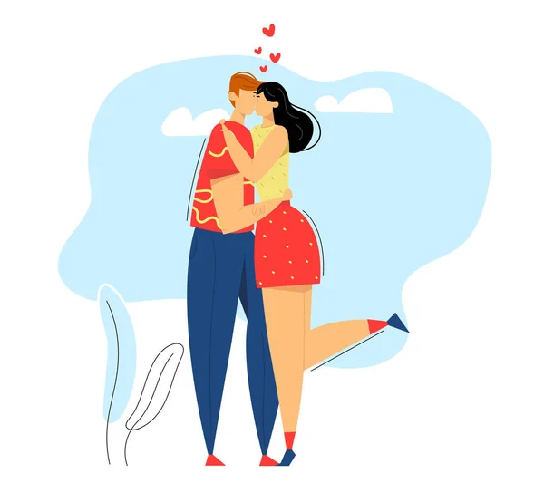 Pareja feliz enamorada. Hombre besando a su novia. Mujer abraza novio. Concepto de citas románticas con los amantes de los personajes. Ilustración plana del vector — Archivo Imágenes Vectoriales