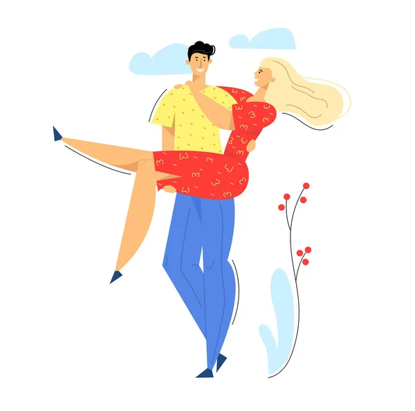 Happy Couple in Love. Man Kissing his Girlfriend. Woman Hugs Boyfriend. Romantic Dating Concept with Lovers Characters. Vector flat illustration — 图库矢量图片