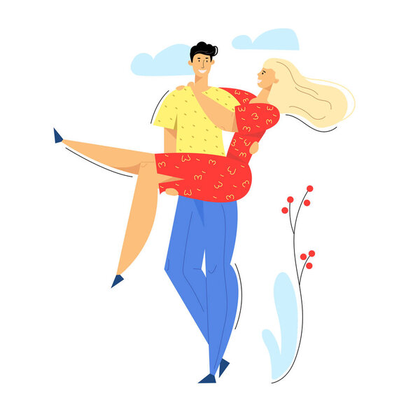 Happy Couple in Love. Man Kissing his Girlfriend. Woman Hugs Boyfriend. Romantic Dating Concept with Lovers Characters. Vector flat illustration