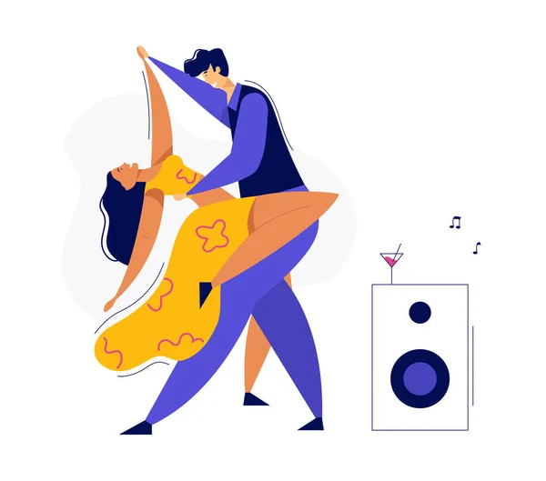 Young Couple Dancing Swing, Tango, Pop. Night Club Disco Party with Male and Female Dancer Characters. Vector flat cartoon illustration — Stock Vector