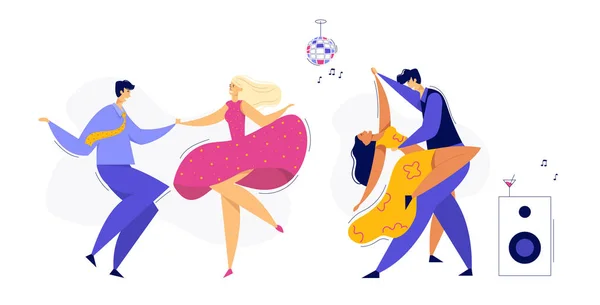 Young Couple Dancing Swing, Tango, Pop. Night Club Disco Party com personagens dançarinos masculinos e femininos. Ilustração de desenho animado plano vetorial — Vetor de Stock