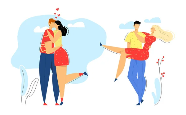 Glückliches verliebtes Paar. Mann küsst seine Freundin. Frau umarmt Freund. Romantische Dating, Heiratsantrag Konzept mit Liebenden Charaktere. Vektorflache Abbildung — Stockvektor