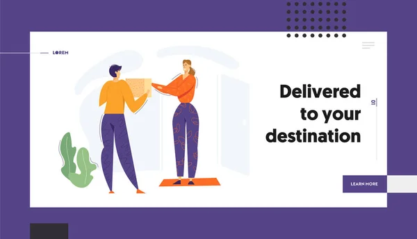 "Delivery Man Giving Box" kepada Client Website Banner. Pengiriman Layanan Konsep dengan Courier Man Character dan Parcel, Wanita Menerima Paket Landing Page. Ilustrasi rata vektor - Stok Vektor