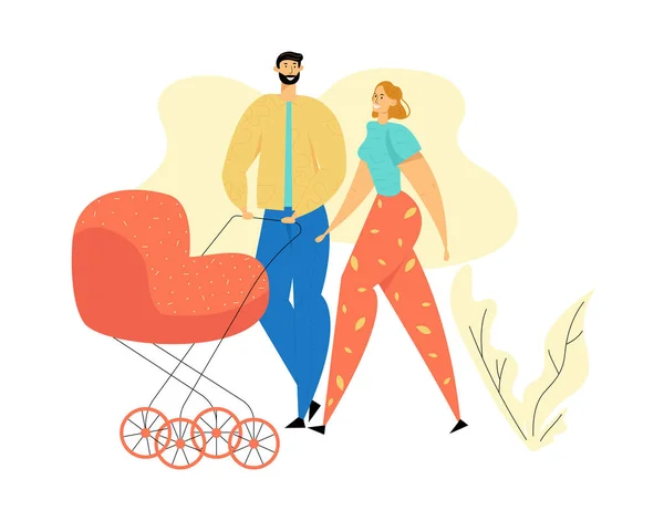 Joven familia caminando en el parque. Padres con bebé cochecito. Mamá y papá con el niño recién nacido. Feliz madre y padre con Pram. Ilustración plana del vector — Archivo Imágenes Vectoriales