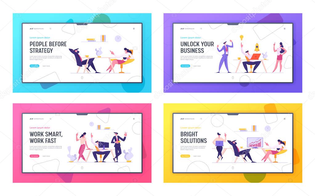 Business Meeting Concept Landing Page. Businessman and Woman Talking on Coffee Break. Colleagues Characters Communicating Brainstorming, Discussion Idea Website Banner. Vector flat cartoon illustration