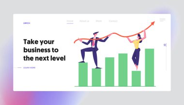 Büyüme Ok Grafiği Açılış Sayfası Üzerinde Çalışan İş Ekibi. İş Karakterleri Veri Analizi Web Sitesi Banner Şablonu ile Finansal Kar Kavramı. Vektör Düz Karikatür illüstrasyon