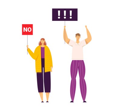 Grevde Protesto İşaretleri Tutan Bir Grup Genç. Gösteri, Grev Eylem, Siyasi Tezahür ü pankartlar ile Kalabalık Protesto Karakterler. Vektör düz illüstrasyon