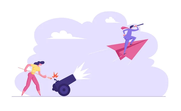 Business Woman is Setting on Fire the Cannon with Businessman flying on Paper Plane. Gol Prestasi, Kepemimpinan Konsep. Ilustrasi rata vektor - Stok Vektor