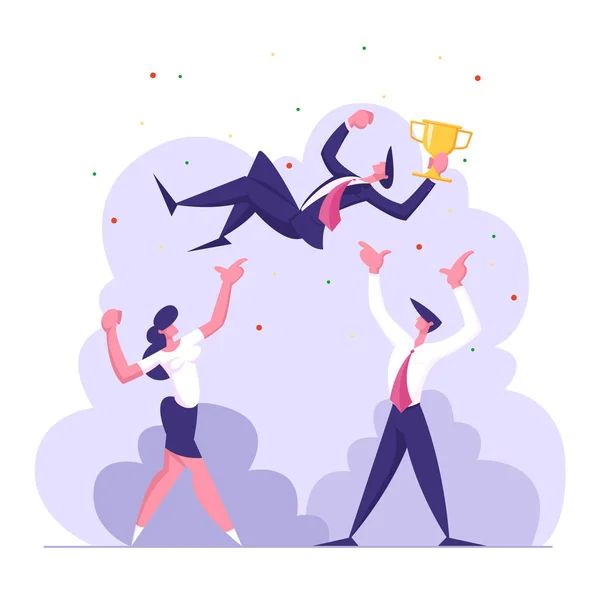 Business Team Celebrating Success. Businessman with Winner Cup. Group of Cheering People Celebrate Victory. Leadership, Teamwork Concept. Vector flat illustration — Stock Vector