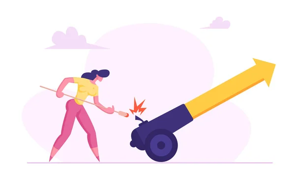 Femme d'affaires met le feu au canon avec Big Arrow Symbole des investissements financiers croître. Objectif atteint, concept de leadership. Illustration vectorielle plate — Image vectorielle