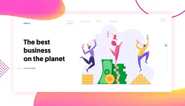 Business Success Landing Page Concept (em inglês). Homem e mulher comemorando a vitória com copo de champanhe. Objetivo Conquista, Lucro Financeiro, Crescimento de Carreira Site Banner. Ilustração de desenho animado plano vetorial —  Vetores de Stock