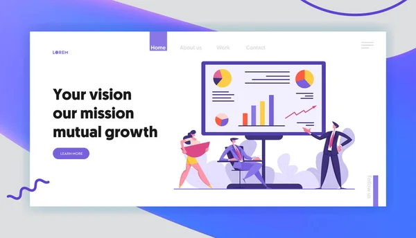 Business People Meeting Concept Banner. Project Presentation, Teamwork, Data Analysis with Man Character Pointing on Financial Graph on Board Landing Page. Illustration vectorielle plate — Image vectorielle