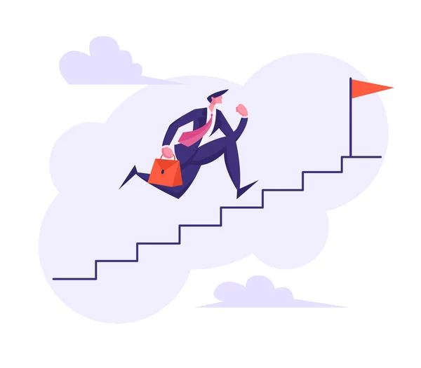 Hombre de negocios personaje corriendo escaleras arriba a la cima. Liderazgo, crecimiento profesional, logro de metas, concepto de éxito empresarial con el hombre subiendo las escaleras. Ilustración plana del vector — Archivo Imágenes Vectoriales