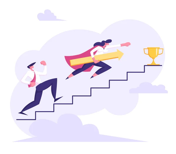 Zakenmensen klimmen trappen naar succes. Man en vrouw personages rennen naar de overwinning. Business Competition, doel verwezenlijking concept. Vector platte cartoon illustratie — Stockvector