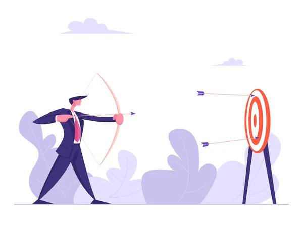 Empresario con arco y flecha apuntando al objetivo. Hombre disparando a Target. Logro de Objetivos, Concepto de Estrategia de Solución Empresarial. Ilustración plana del vector — Archivo Imágenes Vectoriales