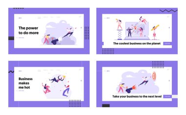 İş Kadını, İşadamıNın Açılış Sayfasını Uçurmasıyla Ateşi Ateşe Atıyor. Kariyer Büyüme, Hedef Başarı, Liderlik, Küresel İş Çözümü Kavramı Banner. Vektör düz illüstrasyon