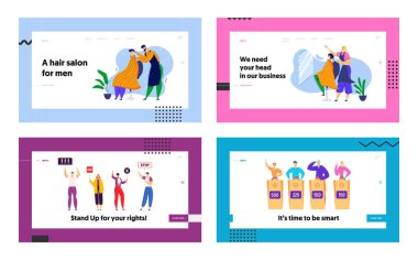 Kuaför Berber dükkanı Açılış Sayfasında Saç Kesimi Yapıyor. Quiz Tv Show Oyunu. Grevde Protesto Eden Gençler kalabalığı. Moda Styling Vücut Bakımı Konsept Web Banner. Vektör düz illüstrasyon
