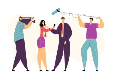 Kadın Tv Gazeteci Spk. Kadın Haber Muhabiri Karakter Röportaj Taking. Kameraman ile Kitle İletişimI Yayın Konsepti. Vektör düz illüstrasyon