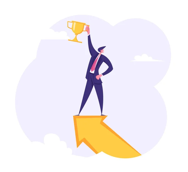 Businessman Character Standing on the Top of Big Arrow with Golden Prize. Leadership, Goal Achievement, Business Success Concept. Man Leader, Winner. Vector flat illustration — Stock Vector