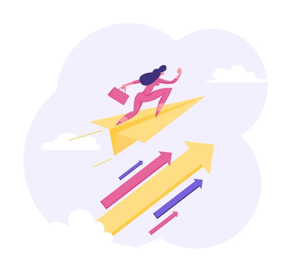 Personaje de empresaria volando en avión de papel con gran flecha Símbolo financiero. Liderazgo, Logro de Metas, Concepto de Visión de Negocios. Mujer Líder, ganadora. Ilustración plana del vector — Vector de stock