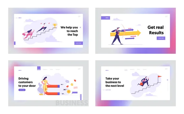 Business People Scale di arrampicata per il successo Banner Template. Uomo d'affari con Arrow. Donna con Magnete. Concorso di Strategia Aziendale, Obiettivo Concept Landing Page Set. illustrazione del fumetto piatto vettoriale — Vettoriale Stock