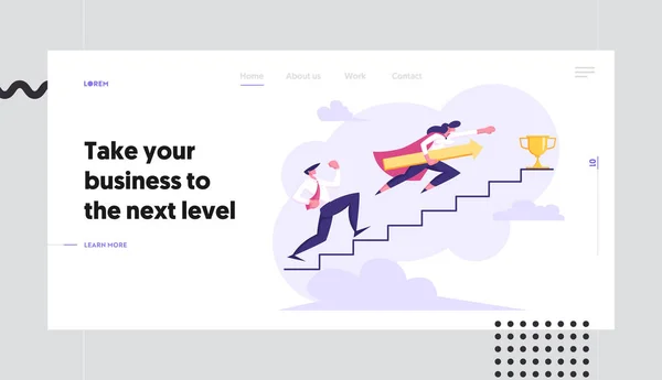 Business People Climbing Stairs to Success Web Banner. Man and Woman Characters Running to the Victory. Competencia Empresarial, Objetivo Logro Concepto Landing Page. Vector plano ilustración de dibujos animados — Vector de stock