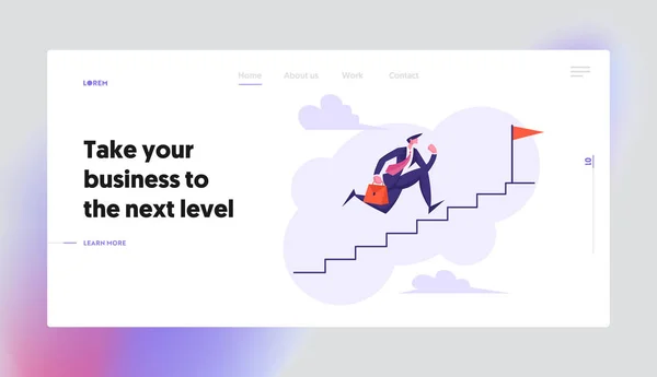 Businessman Character Running Up Stairway to the Top Landing Page. Leadership, Career Growth, Goal Achievement, Business Success Concept with Man Climbing Up The Stairs Website Banner. Vector flat illustration — Stock Vector