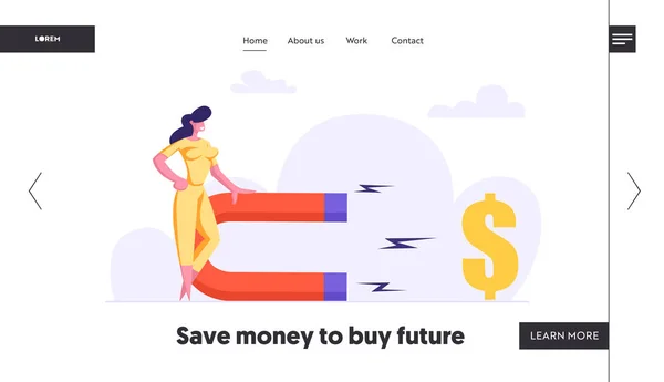 Successful Woman with Big Magnet Attract Money Web Page. Business Solution Strategy with Businesswoman Attracting Investments Concept Landing Page Banner. Vector flat illustration