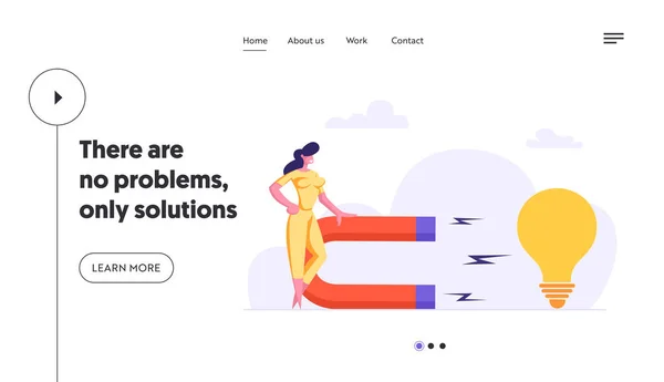 Креативна жінка з великим магнітом приваблює бізнес-ідею Landing Page. Бізнес-леді, використовуючи магнітну силу, щоб привабити лампочку. Інноваційний веб-сайт Brainstorming Innovation Concept Banner. Векторна плоска мультяшна ілюстрація — стоковий вектор