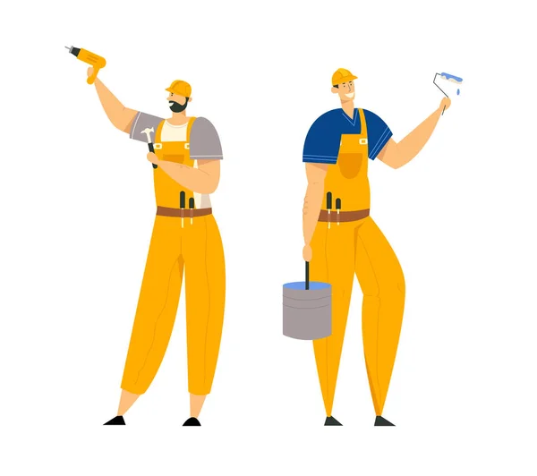 Bouwer personages in workwear. Bouw ingenieurs met gereedschappen voor bouwmaterieel. Architect Reparman, schilder, bouwers. Vector platte illustratie — Stockvector