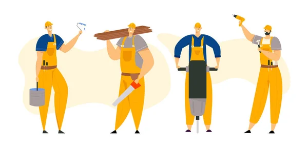 Personajes de constructor en ropa de trabajo. Ingenieros de Construcción con Herramientas para Equipos de Construcción. Arquitecto Reparador, Técnico, Constructores. Ilustración plana del vector — Archivo Imágenes Vectoriales