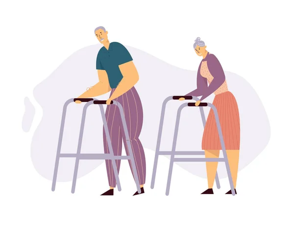 Aged People Couple Walking with Paddle Walker. Happy Senior Man and Woman Characters Together. Elderly People, Old Age Concept. Vector flat illustration — Stock Vector