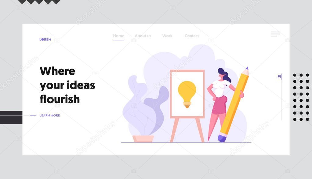Successful Businesswoman Draw Light Bulb with Pencil Landing Page Template. Creative Idea Symbol, Business Solution, Innovation Strategy, Brainstorming Concept Banner. Vector flat illustration