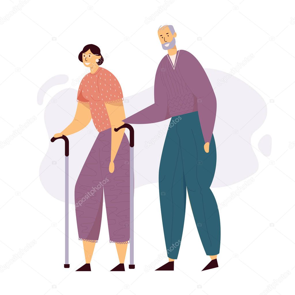 Aged People Couple Walking with Sticks. Happy Senior Man and Woman Characters Together. Elderly People, Old Age Concept. Vector flat illustration