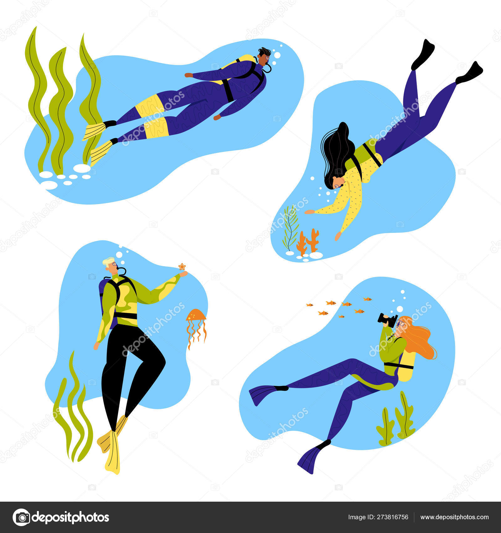 Snorkeling Male and Female Characters Underwater Fun Activities, Hobby,  Swimming, Photographing, Scuba Diving, Spear Fishing Equipment Mask, Tube,  Flippers, Swim Suit. Cartoon Flat Vector Illustration Stock Vector by  ©lemono 273816756