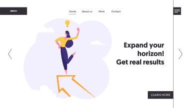 İş kadını karakter fikir sembolü ampul ile büyük ok üstünde stand. Liderlik, gol başarı, Iş başarı Web sitesi açılış sayfası, Web sayfası. Karikatür düz vektör Illustration, banner