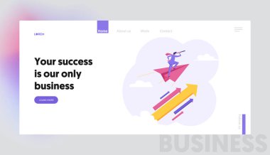 Spyglass ile işadamı, lider, büyük ok ile kağıt düzlem üzerinde uçan, finansal liderlik, hedef başarı Iş vizyonu Web sitesi açılış sayfası, Web sayfası. Karikatür düz vektör Illustration, banner