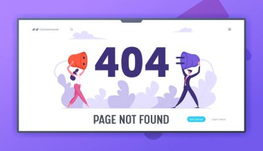 Web sitesi hatası 404 sayfa Iş karakterleri Holding tel fiş soket ile. Sayfa bulunamadı şablonu, kırık Internet bağlantısı Web sitesi açılış sayfası, Web sayfası. Karikatür düz vektör Illustration, banner