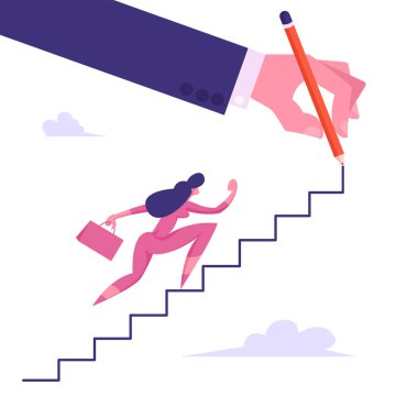 Iş kadını karakter bavul tırmanma üst katta büyük ınsan el boyama gökyüzü, finansal başarı, Işletme kadın lider gol başarı, liderlik kavramı, karikatür düz vektör Illüstrasyon