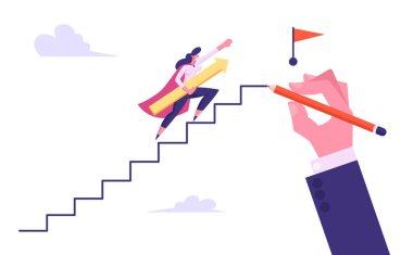 Iş kadını süper kahraman kırmızı bayrak ile üst büyük ınsan el ile çizilmiş gökyüzünde merdiven koşu, Işletme büyüme ve başarı yolu, liderlik, gol başarı, karikatür düz vektör Illüstrasyon